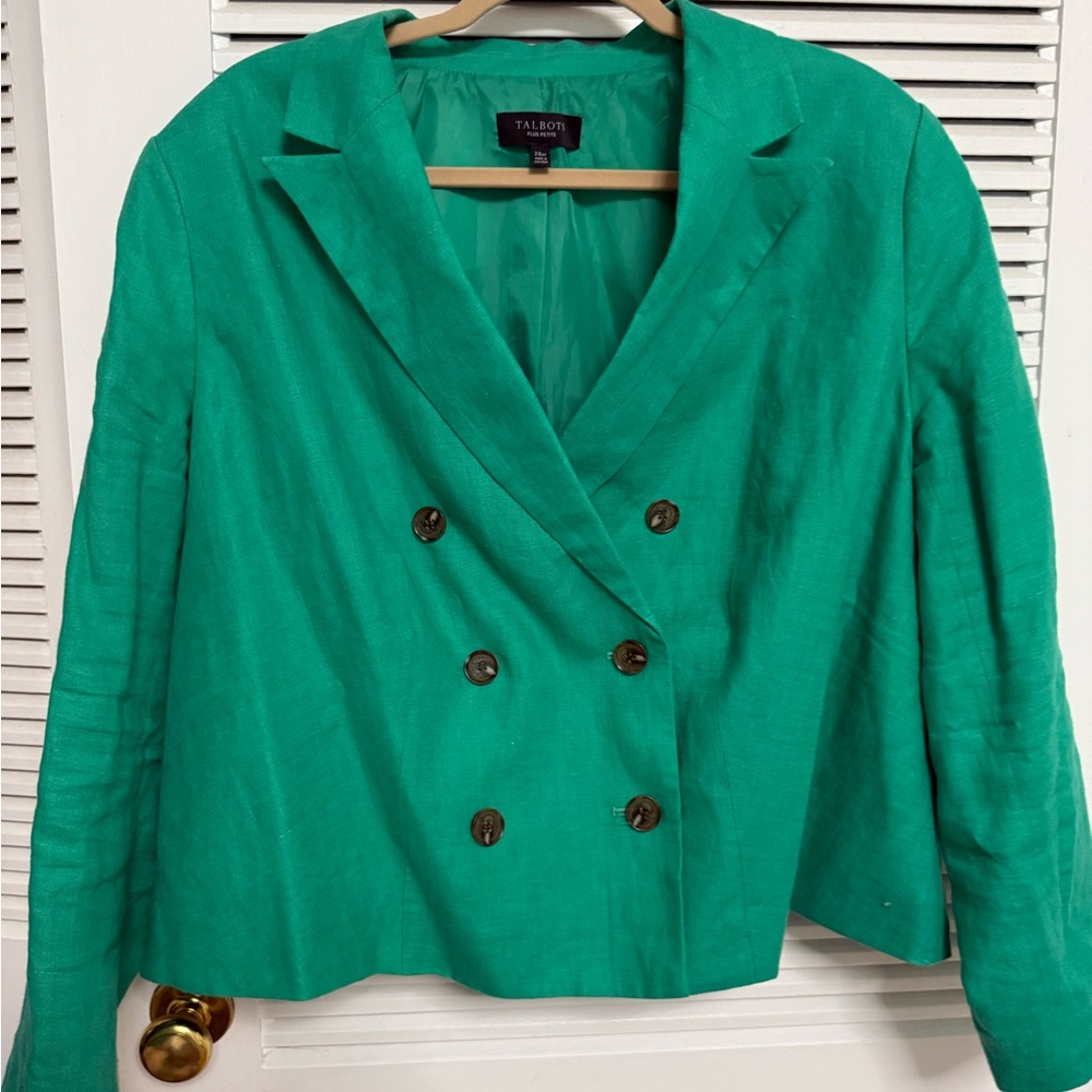 Talbots Green Linen Double-Breasted Blazer